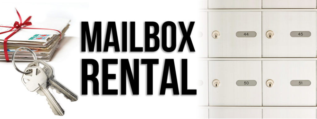 Image promotes mailbox rental services, featuring keys, letters, and a row of mailbox compartments.