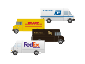 Illustration of delivery trucks from USPS, DHL, UPS, and FedEx, showcasing their distinct branding and colors.